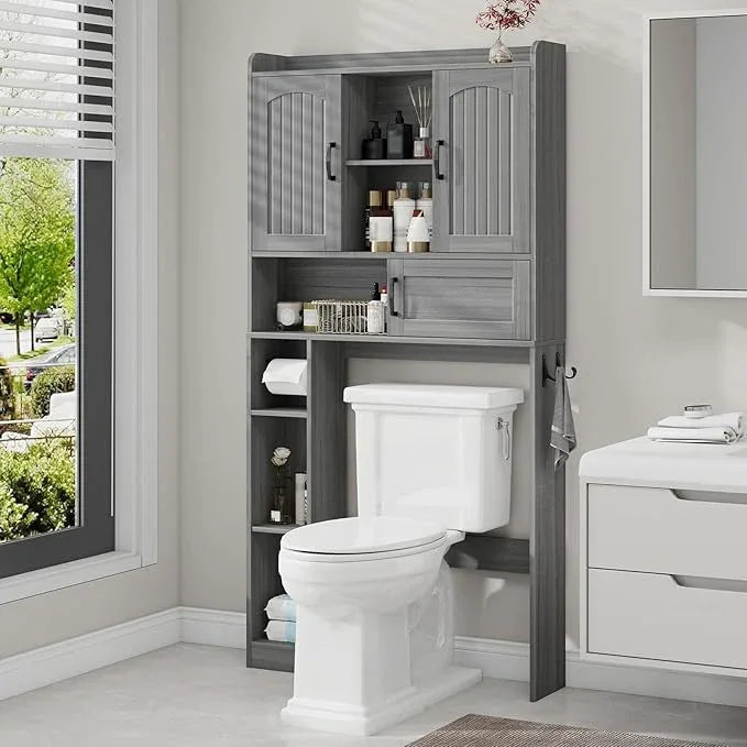 Vabches Farmhouse Over The Toilet Storage Cabinet with 2 Barn Doors & Sliding Door, Over The Toilet Bathroom Organizer with Open Storage Layer and Adjustable Shelves & Hooks.Grey - ModernBath