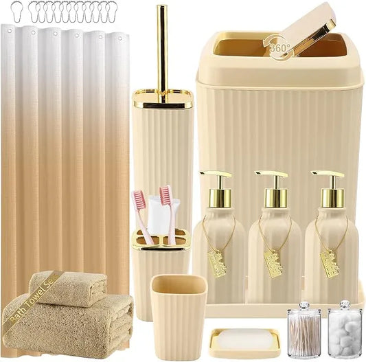 WSBArt 32PCS Bathroom Accessories Set Bathroom Set,Beige Shower Curtain Set,Bath Towel Set,Hand Towel,Toilet Brush,Trash Can & 3PCS Soap Dispenser - ModernBath