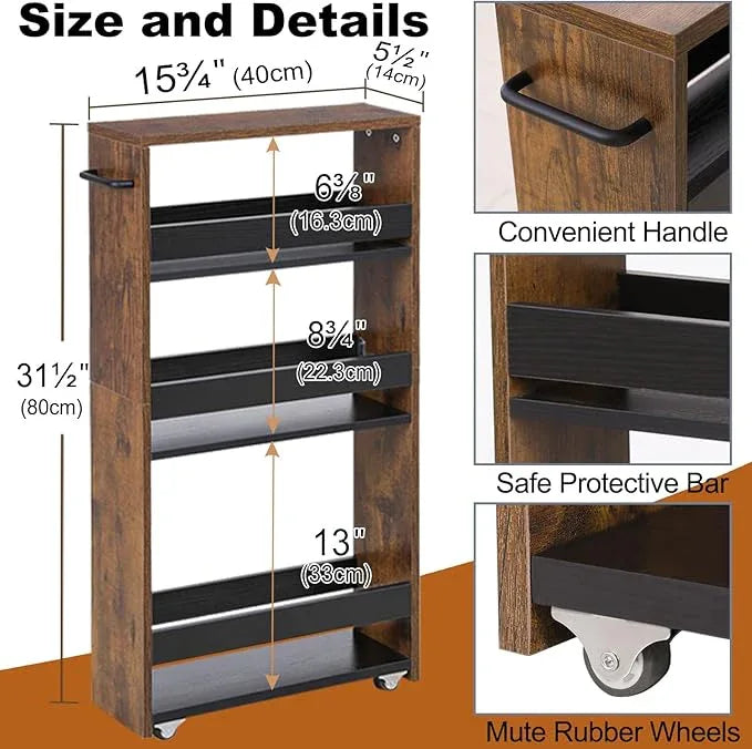 MARTY Slim Rolling Cart 4-Tier Utility Carts with Wheels Handle, Kitchen Storage Cart Slide Out Mobile Shelving Unit Organizer for Bathroom Laundry Room Organization Narrow Places (Rustic Brown) - ModernBath