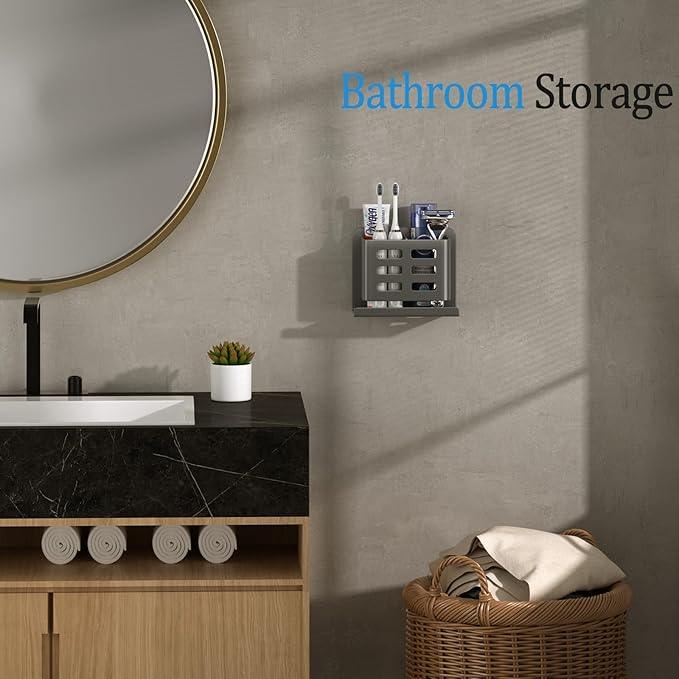 YESENT Grey Wall-Mounted Toothbrush Holder, Aluminum Material Shower Shaver Storage Rack, No Drilling Required, Removable Toothpaste Storage Rack - ModernBath