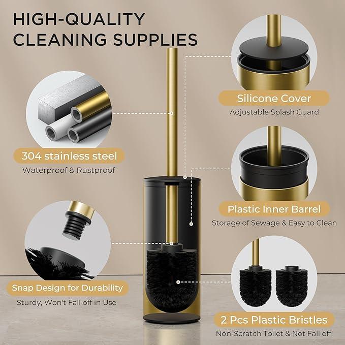 FORIOUS Toilet Brush and Holder Set, 304 Stainless Steel Long Handle and Heavy Duty Base for Bathroom Deep Cleaning, Drip-Proof, Space Saving for Storage, 2 Toilet Bowl Brush Head, Dark Gold - ModernBath