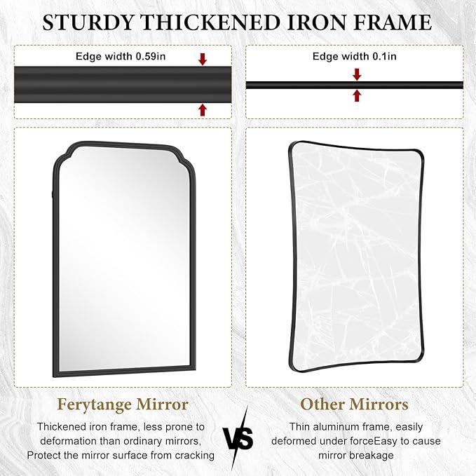 Ferytange 24X36 Inch Black Bathroom Mirror for Over Sink, Modern Rounded Corner Rectangle Mirror with Non-Rusting Iron Metal Framed Bathroom Vanity Mirror for Wall Decor(Tempered Glass) - ModernBath