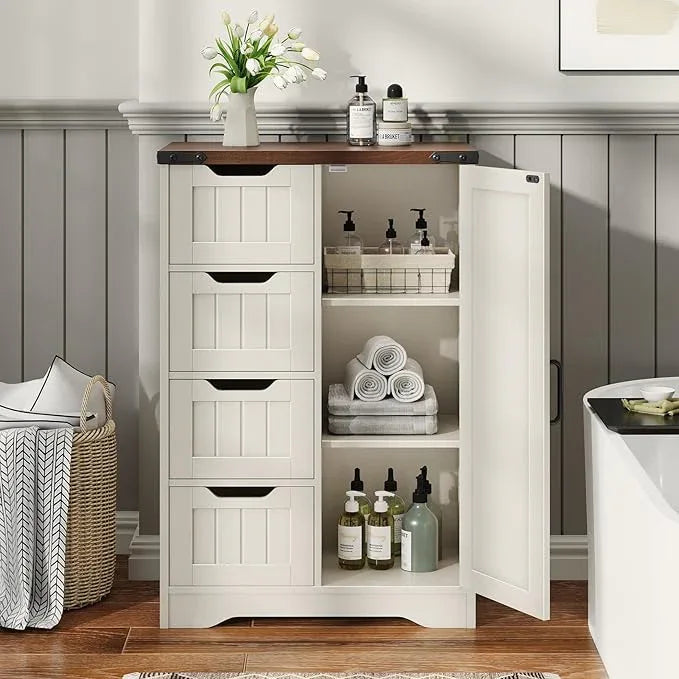 Vabches Farmhouse Bathroom Cabinet, Freestanding Storage Cabinet with 4 Drawers and 1 Door, Rustic Storage Organizer with Adjustable Shelf for Bathroom, Living Room, Entryway,White - ModernBath