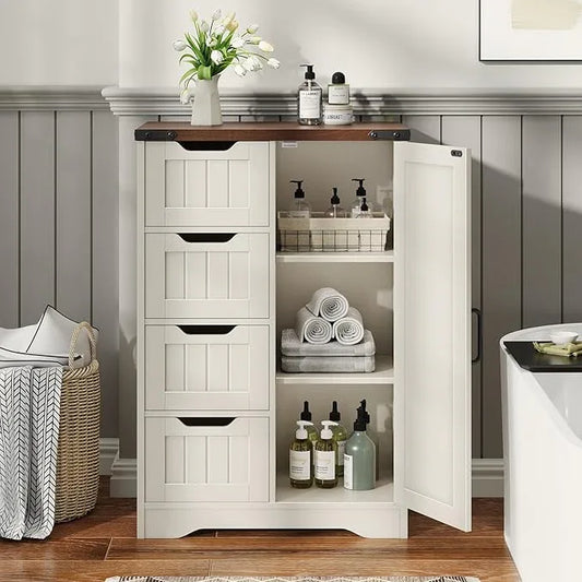Vabches Farmhouse Bathroom Cabinet, Freestanding Storage Cabinet with 4 Drawers and 1 Door, Rustic Storage Organizer with Adjustable Shelf for Bathroom, Living Room, Entryway,White - ModernBath