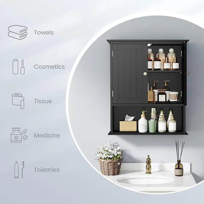Tangkula Bathroom Wall Cabinet, Wooden Hanging Storage Cabinet with Doors & Shelves, Multipurpose Storage Cabinet for Restroom Kitchen Living Room, Wall Mounted Bathroom Medicine Cabinet (Black) - ModernBath