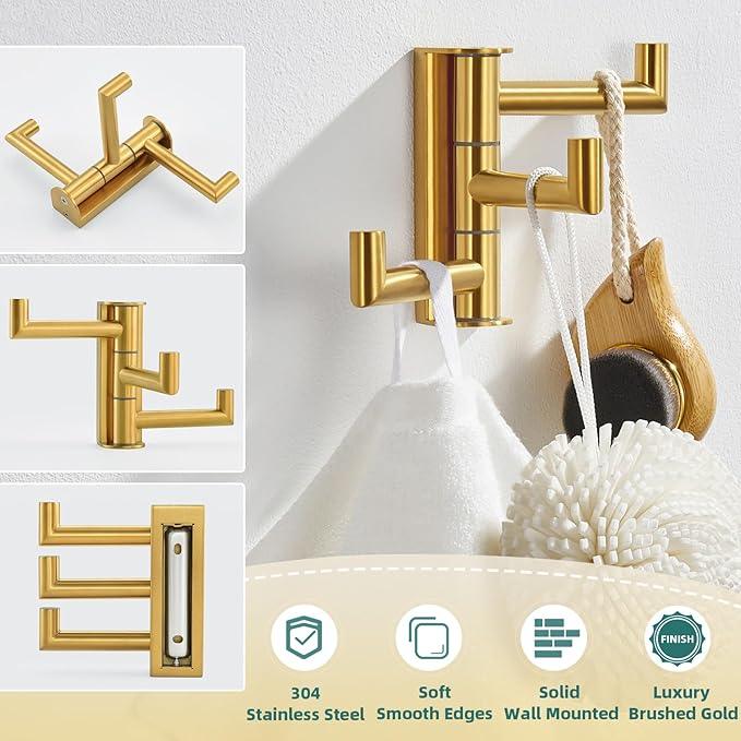 APLusee Swivel Towel Hook, 304 Stainless Steel Foldable Clothes Hook with Multi Three Rotating Arm, Flexible Bathroom Kitchen Storage Hanger Wall Mounted, Brushed Gold - ModernBath