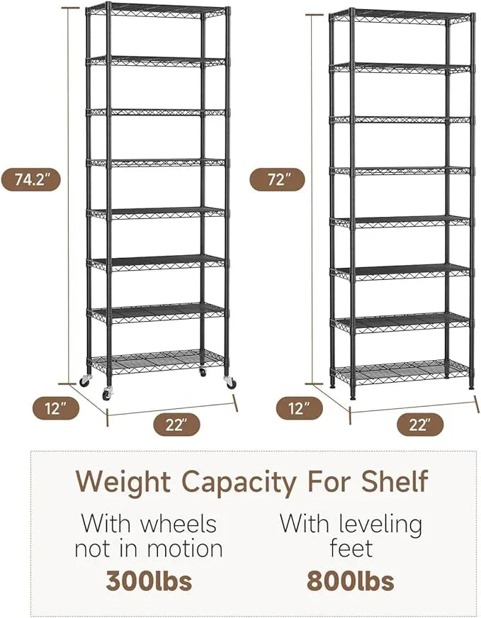 8 Tier Shelves Storage Shelf Wire Closet Bathroom Organizers Metal Pantry Kitchen Garage Shelving Unit Laundry Room Organization Home Rack Net Basket Black with Wheels 12”D X 22”W X 74.2”H - ModernBath