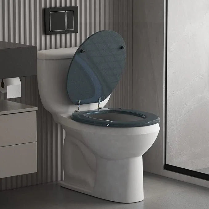 BLOFDE Round Toilet Seat Wood Toilet Seat Prevent Shifting with Zinc Alloy Hinges American Standard Size Toilet Seat Easy to Install also Easy to Clean(Round,Sparkling Black) - ModernBath