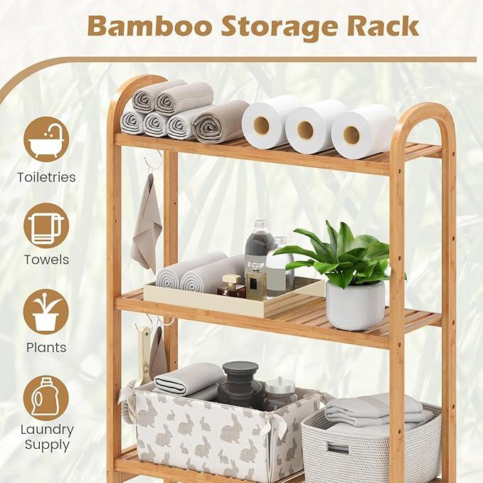Tangkula Bamboo Over The Toilet Storage, 3-Tier Over Toilet Organizer Rack with 5-Position Adjustable Shelves, 3 Hooks, Adjustable Bottom Bar, Laundry Room Shelf, 28.5" Wide Bathroom Space Saver - ModernBath