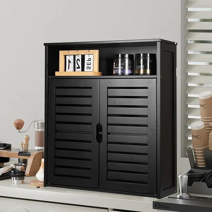 HYNAWIN Wall-Mounted Black Bathroom Cabinet with Double Doors, Bamboo Storage Shelf Organizer for Kitchen, Living Room, or Bathroom - ModernBath