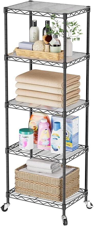 SINGAYE Shelf Closet Wire Shelving：Adjustable Metal Unit for Laundry Room Organization Bathroom Kitchen Home Storage with Wheels Small Pantry Rack Shelves - ModernBath