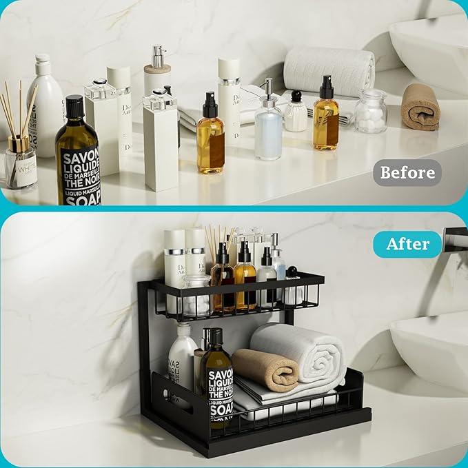 REALINN Under Sink Organizer, Pull Out Cabinet Storage 2 Tier Slide Out Sink Shelf, Kitchen Organizers and Storage, Black, 1 Pack - ModernBath