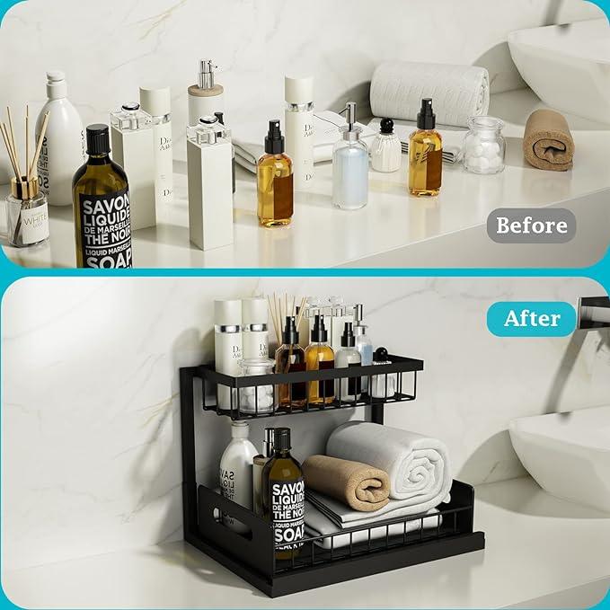 REALINN Under Sink Organizer, Pull Out Cabinet Organizer Slide Out Sink Shelf Cabinet Storage Shelves, Storages for Kitchen Bathroom, Black, 2 Pack - ModernBath