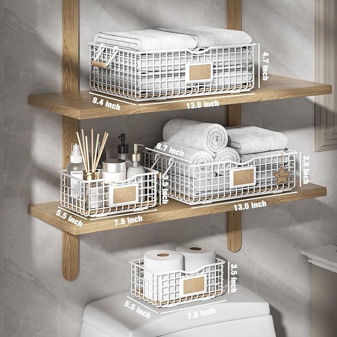 Bathroom Organizers and Storage, 4 Pack Storage Baskets for Shelves, Multipurpose Bins Organizer with Wooden Handles, Decorative Organizer Baskets Set for Bathroom, Laundry, Living Room - White - ModernBath