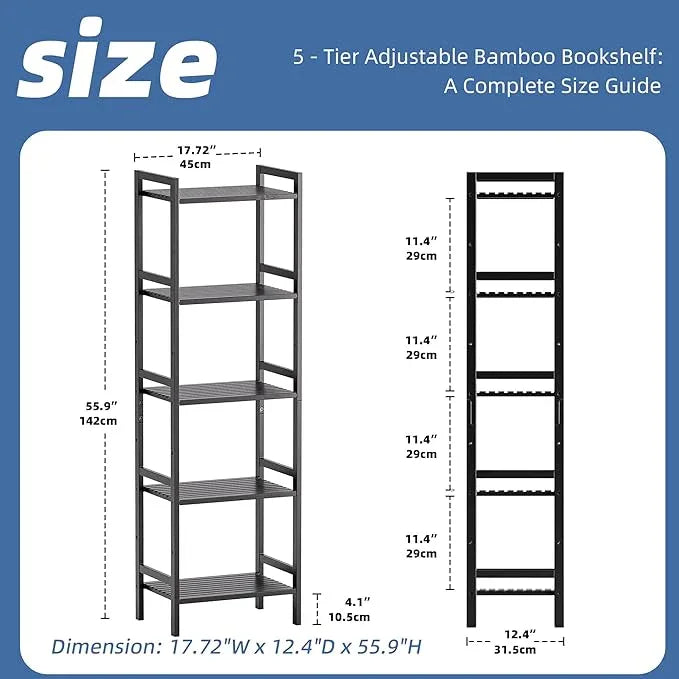 HITNET 5 Tier Narrow Bookshelf, Bamboo Bookcase, Slim Tall Storage Rack Free Standing Shelving Unit with Adjustable Shelves for Living Room Bedroom Bathroom, Black - ModernBath