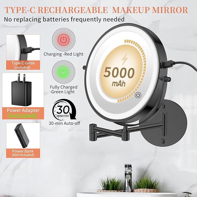 FUNTOUCH 9" 30X/1X Wall Mounted Lighted Makeup Mirror, 5000mAh Rechargeable Double Sided Magnifying Mirror with Adapter, 3 Color Lights,Touch Dimmable, 360 Rotation Extended Arm for Bathroom,Black - ModernBath