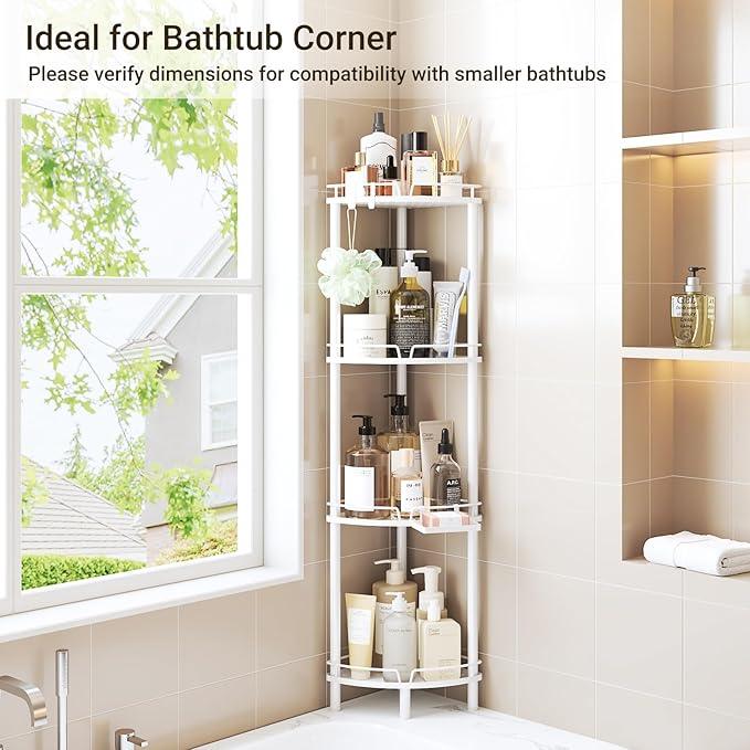 ELYKEN Corner Shower Caddy Standing, 4 Tier Rustproof Metal Shower Organizer with Soap Holder, Floor Shower Corner Shelf Rack Storage Stands with Adjustable Feet & 2 Hooks for Bathroom, White - ModernBath