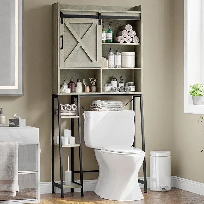 Vabches Over The Toilet Storage Cabinet, Farmhouse Storage Cabinet Over Toilet with Sliding Door & Toilet Paper Holder Stand, Home Space-Saving Toilet Rack for Bathroom, Restroom - ModernBath