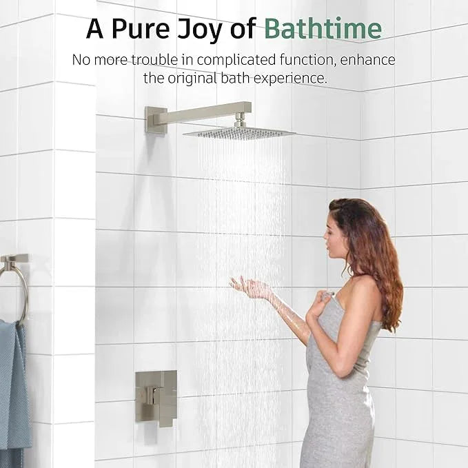 SunCleanse Shower Faucet Set with Valve, 8 Inch Square Shower Head and Handle Set, Single Handle Shower Trim Kit with Extra Long Shower Arm, Brushed Nickel - ModernBath