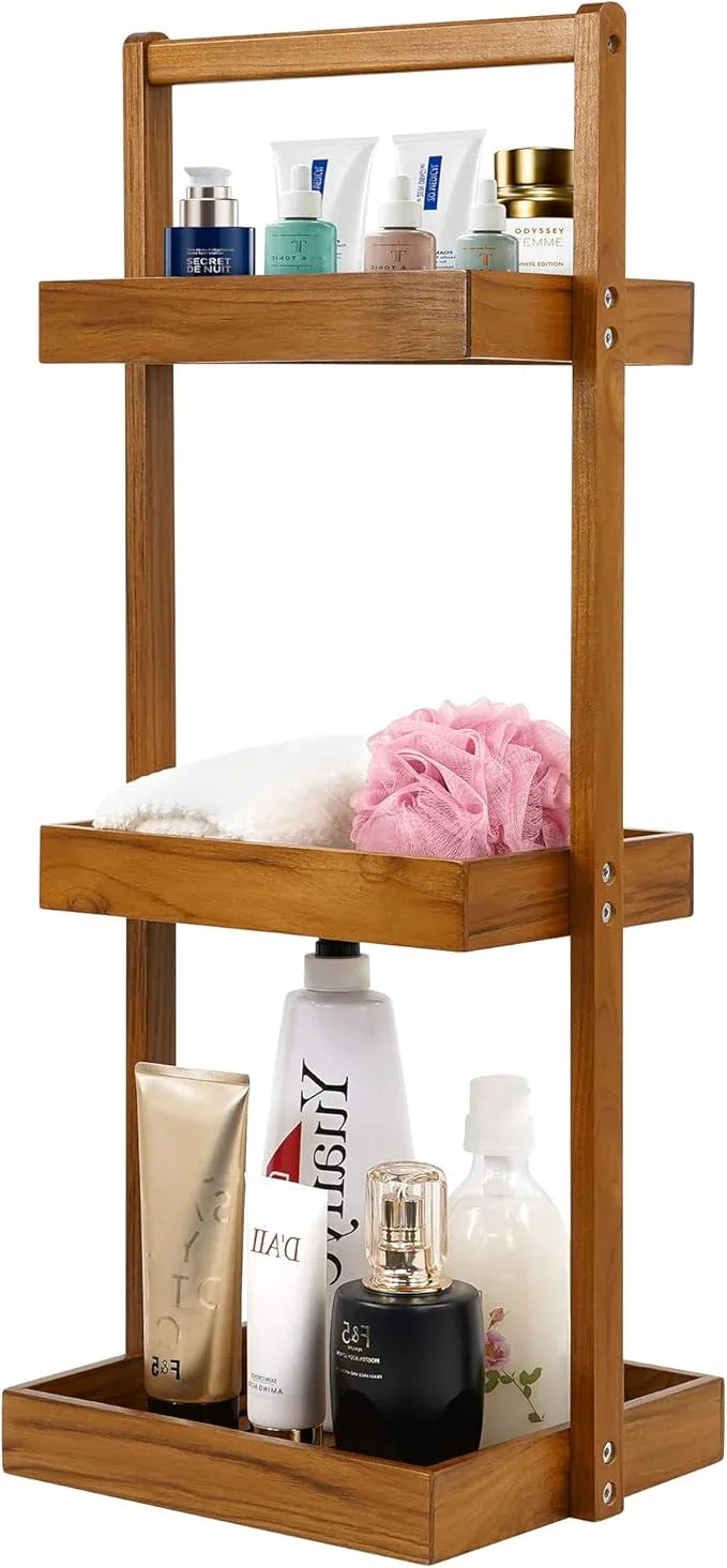 Utoplike Teak Shower Caddy Shelf, Standing Shower Organizer for Bathroom Corner, Wooden Freestanding Racks Storage for Inside Shower, Bath, Office, Stand Up 3 Tier Kitchen Desktop Organization - ModernBath
