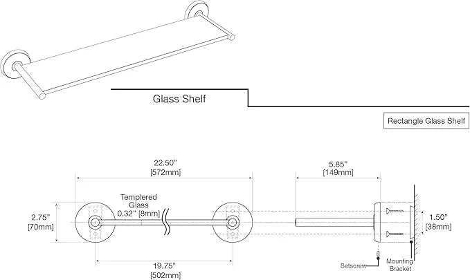 Gatco 5057 Designer II Glass Shelf, Brushed Brass/Wall Mounted 22.50" x 5.85" Tempered/Floating Rectangle Glass Shelf for Bathroom - ModernBath