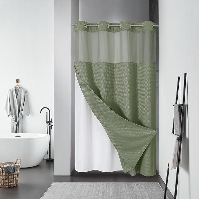 eachope Stall SageGreen No Hook Waffle Weave Shower Curtain with snap-in Liner Replacement, 230GSM Waterproof Fabric Hotel Shower Curtain Set for Bathroom, Through Mesh Top Window,54Wx80H - ModernBath