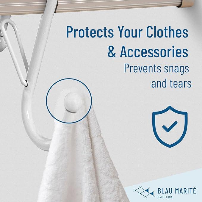 Blau Marité 10-Pack Metal S Hooks for Hanging – Heavy-Duty S-Shaped Hooks with Safety Buckle – Fits Bars up to 0.6 in – Anti-Drop Hooks for Kitchen, Pot Racks & Towel Bars – White (Small) - ModernBath