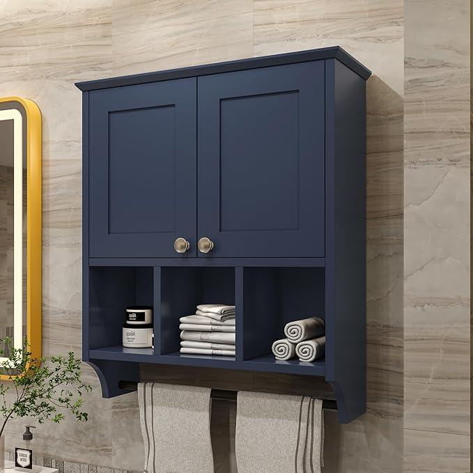 Bathroom Wall Cabinet, Wall Mounted with Towel Bar & 6 Shelves - Over Toilet Storage Organizer, 2-Door Medicine Cabinet, Adjustable Bathroom Shelves(Blue) - ModernBath