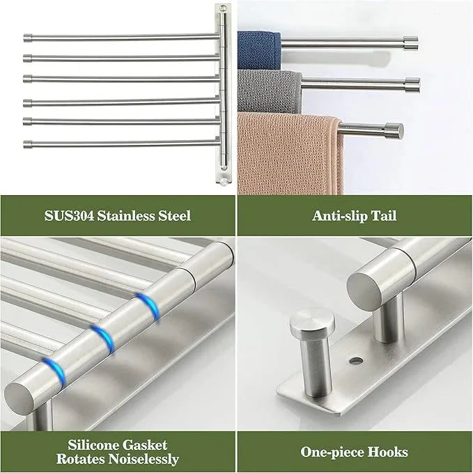 Alise Swivel Towel Rack, SUS304 Stainless Steel 6 Arms Towel Bar, Space Saving Swing Out Towel Bar with Hook, Towel Racks Wall Mounted for Bathroom, Brushed Nickel - ModernBath