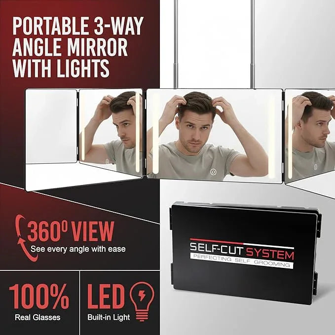 Self-Cut System 3 Way Mirror with LED Lights – Trifold Self Cut Barber Mirror for Men and Women, 360 View for Easy Haircuts, Travel Friendly - Three Way Design for Grooming and Styling - ModernBath