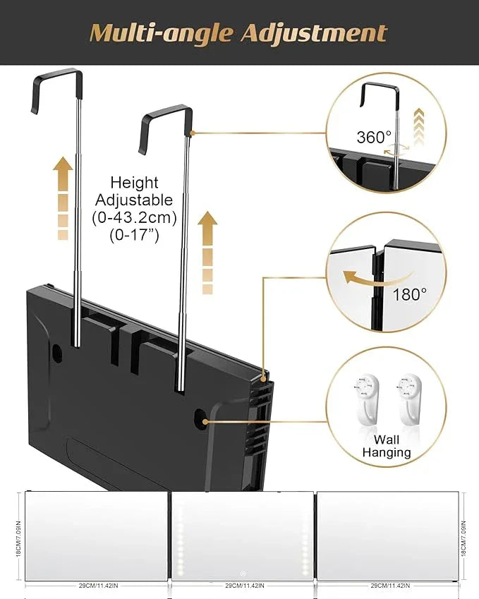 JUSRON 360 Viewing Angle Self Hair Cutting Mirror, Clear Anti-Fog HD Glass (Black with LED with Accessories) - ModernBath