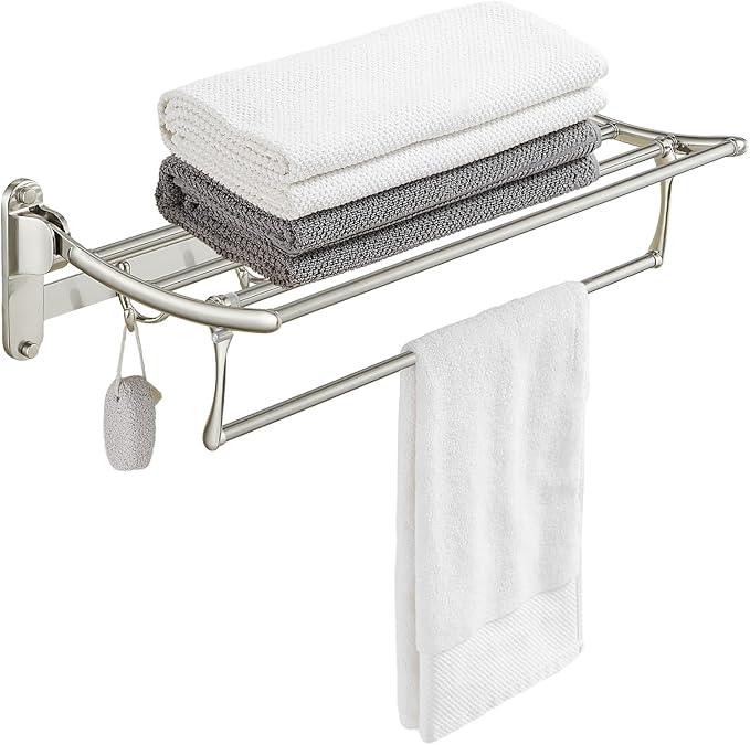 BESy 24 Inch Brushed Nickel Towel Racks, Bathroom Towel Shelf with Foldable Towel Bar Holder and Towel Hooks, Wall Mounted Multifunctional Bathroom Accessories, Double Towel Bars - ModernBath
