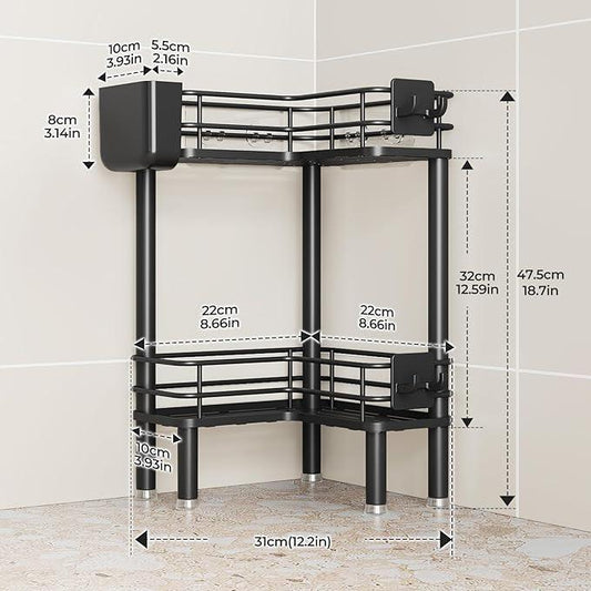 Orimade Rustproof 2 Tier Floor Standing Corner Shower Caddy Organizer with Toothbrush Holder, Large Spacing Floor Shower Shelf Rack Storage Stands with Hooks for Bathroom Kitchen, Black - ModernBath