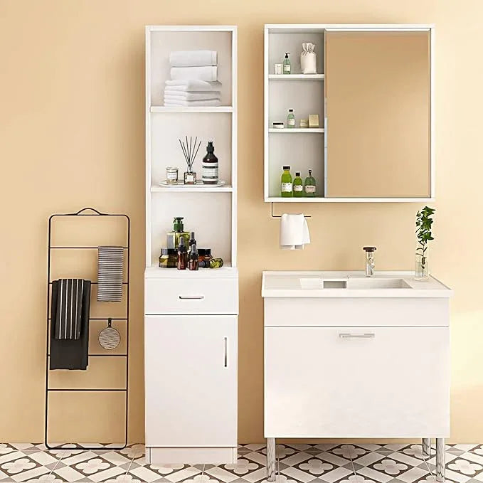 BNSPLY Tall Bathroom Cabinet, Narrow Slim Linen Cabinet with 3 Tier Open Shelves and Drawer, Free Standing Linen Tower for Bathroom, Living Room, Kitchen (White 13.4" W x 13" D x 70" H) - ModernBath