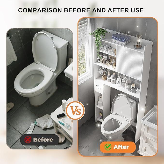 31.5" W Over The Toilet Storage Cabinet with Sliding Door, Bathroom Above Toilet Storage Cabinet with Adjustable Shelves, Toilet Paper Holder, Space Saver Cabinet for Bathroom, White - ModernBath