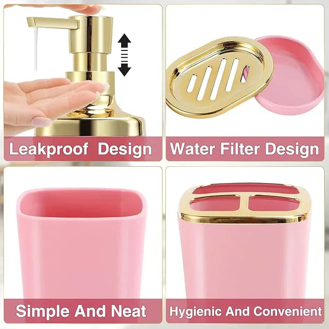 XLHOMO Pink Bathroom Accessories Set 8 Piece Pink and Gold Bathroom Set, Bathroom Sets with Stainless Steel Trash Can,Toilet Brush,Toothbrush Set,Soap Dispenser - ModernBath