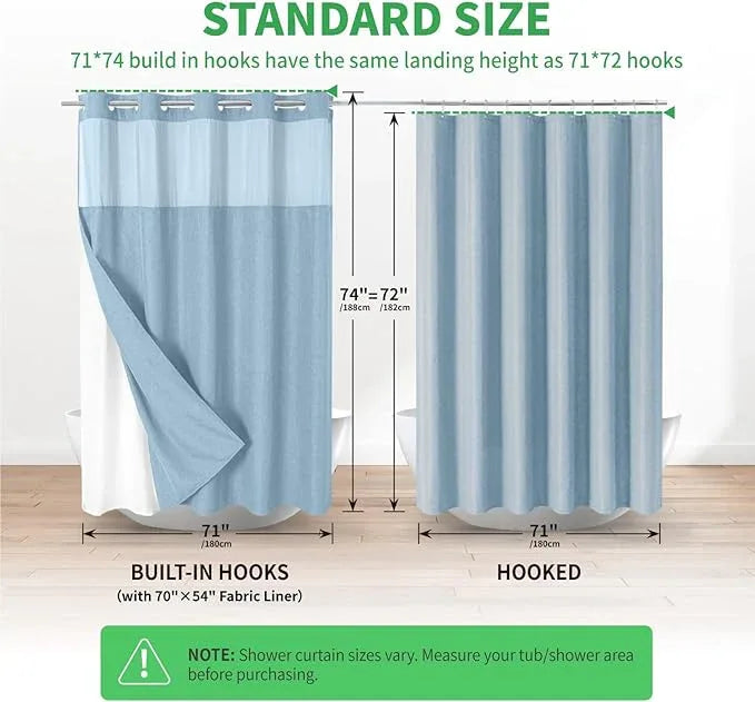 eachope No Hooks Needed Linen Textured Shower Curtain with Snap-in Fabric Liner Set,Hotel Luxury Decor Waterproof Shower Curtains for Bathroom with Mesh Top Window,Washable,71Wx74H,Fog Blue - ModernBath
