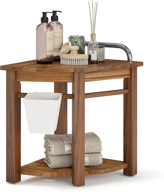 Smart Fendee 16.5“ Teak Shower Bench Seat with Handle, Corner Wooden Spa Bathing Stool with Storage Towel Shelf, Perfect for Inside Shower and Outdoor Use - ModernBath