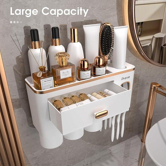 iHave Toothbrush Holders Wall Mounted with Toothpaste Dispenser & 3 Cups - Premium White and Gold Design for Bathroom Decor, All-in-One Bathroom Organizers & Storage for Toothbrushes and Accessories - ModernBath