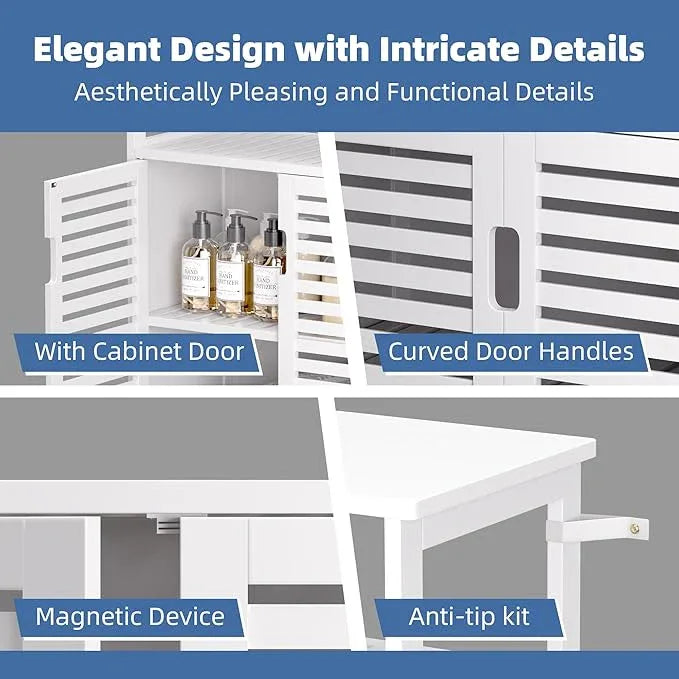 HITNET White Bathroom Cabinet, Bamboo Storage Cabinet Freestanding, Side Tall Storage Organizer for Kitchen Living Room Entryway - ModernBath