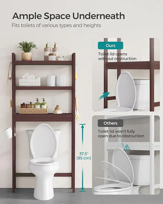 SONGMICS Over The Toilet Storage, 3-Tier Over Toilet Bathroom Organizer with Adjustable Shelf, 10.2 x 24.8 x 66.9 Inches, Space-Saving, Brown UBTS01BR - ModernBath