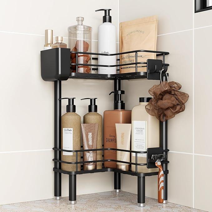 Orimade Rustproof 2 Tier Floor Standing Corner Shower Caddy Organizer with Toothbrush Holder, Large Spacing Floor Shower Shelf Rack Storage Stands with Hooks for Bathroom Kitchen, Black - ModernBath