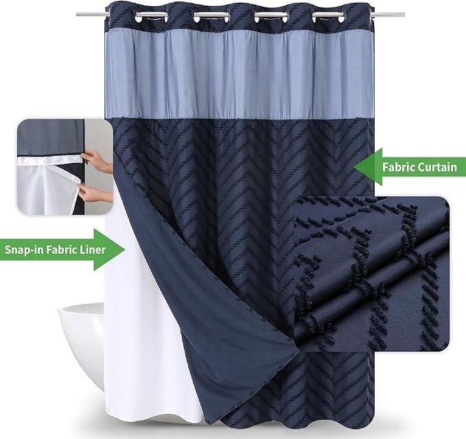 eachope No Hook Tufted Chevron Striped Shower Curtain with Snap-in Fabric Liner set-71Wx74H(72H),Navy Blue Hotel Grade Boho Style Shower Curtain with See Through Top Window,Water Repellent - ModernBath