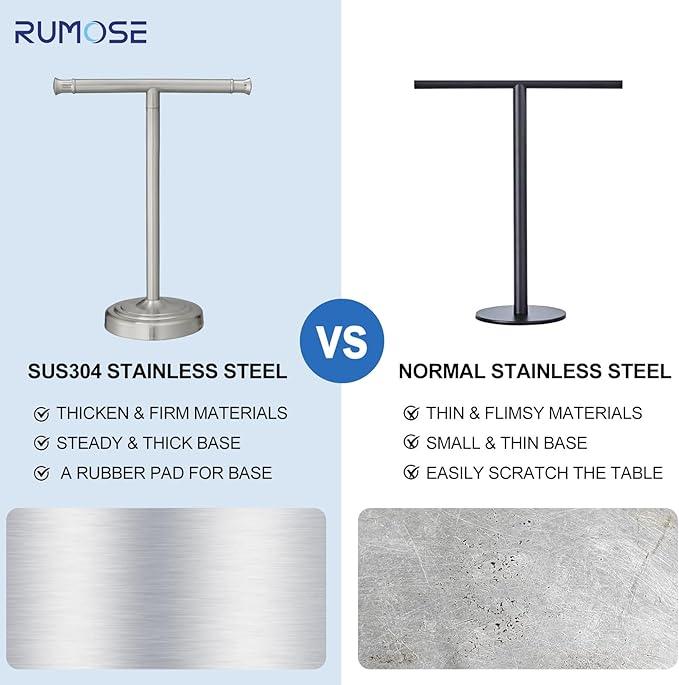 RUMOSE 13 Inch Brushed Nickel Towel Stand Hand Towel Holder Bathroom Kitchen Vanity Countertop T-Shape Towel Rack Free Standing Stainless Steel Towel Bar Towel Ring - ModernBath