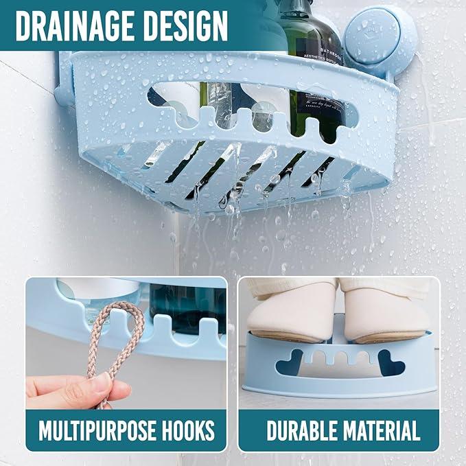 TAILI Corner Shower Caddy with Suction Cups, Wall Mounted Organizer Plastic Rack for Small Bathrooms, Kitchen, Removable Drill-Free Heavy Duty Shelf Basket, BLUE - ModernBath