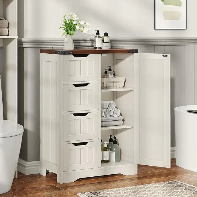 Vabches Farmhouse Bathroom Cabinet, Freestanding Storage Cabinet with 4 Drawers and 1 Door, Rustic Storage Organizer with Adjustable Shelf for Bathroom, Living Room, Entryway,White - ModernBath
