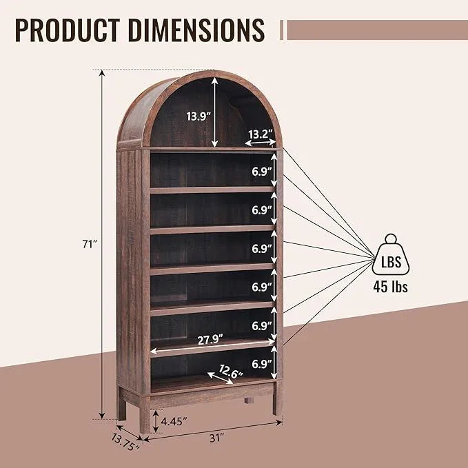 71" Tall Arched Bathroom Storage Cabinet, 7-Tier Modern Farmhouse Storage Cabinet with Adjustable Shelves, Wood Freestanding Cabinet for Bathroom, Living Room, Entryway, Hallway-Brown - ModernBath