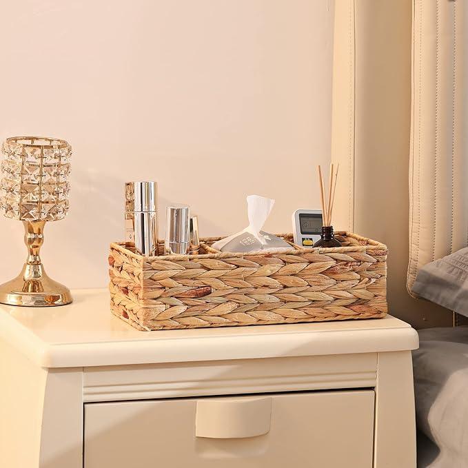 Vagusicc 3 Section Wicker Storage Basket, Hand-Woven Water Hyacinth Storage Baskets, Wicker Baskets for Storage, Toilet Paper Basket for Toilet Tank Top, Small Baskets for Organizing Shelves, 2-Pack - ModernBath