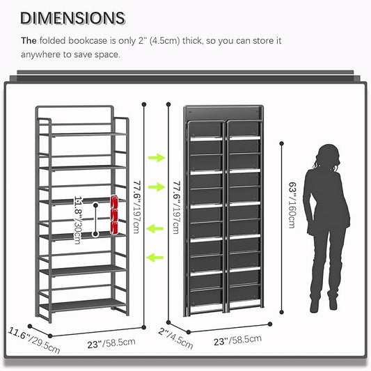 4NM No Assembly 6 Tiers Folding Bookshelf Storage Shelves Vintage Bookcase Standing Racks Study Organizer Home Office (All Black)