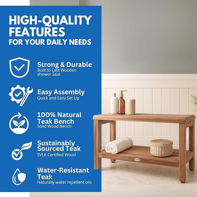 EcoDecors Teak Shower Bench with Large Storage Shelf 36", 300 lb Capacity – Waterproof Bathroom Seat with Non-Slip Feet, Elegant Natural Teak Finish, Ideal for Adults, Seniors, & Spa-Style Bathrooms - ModernBath